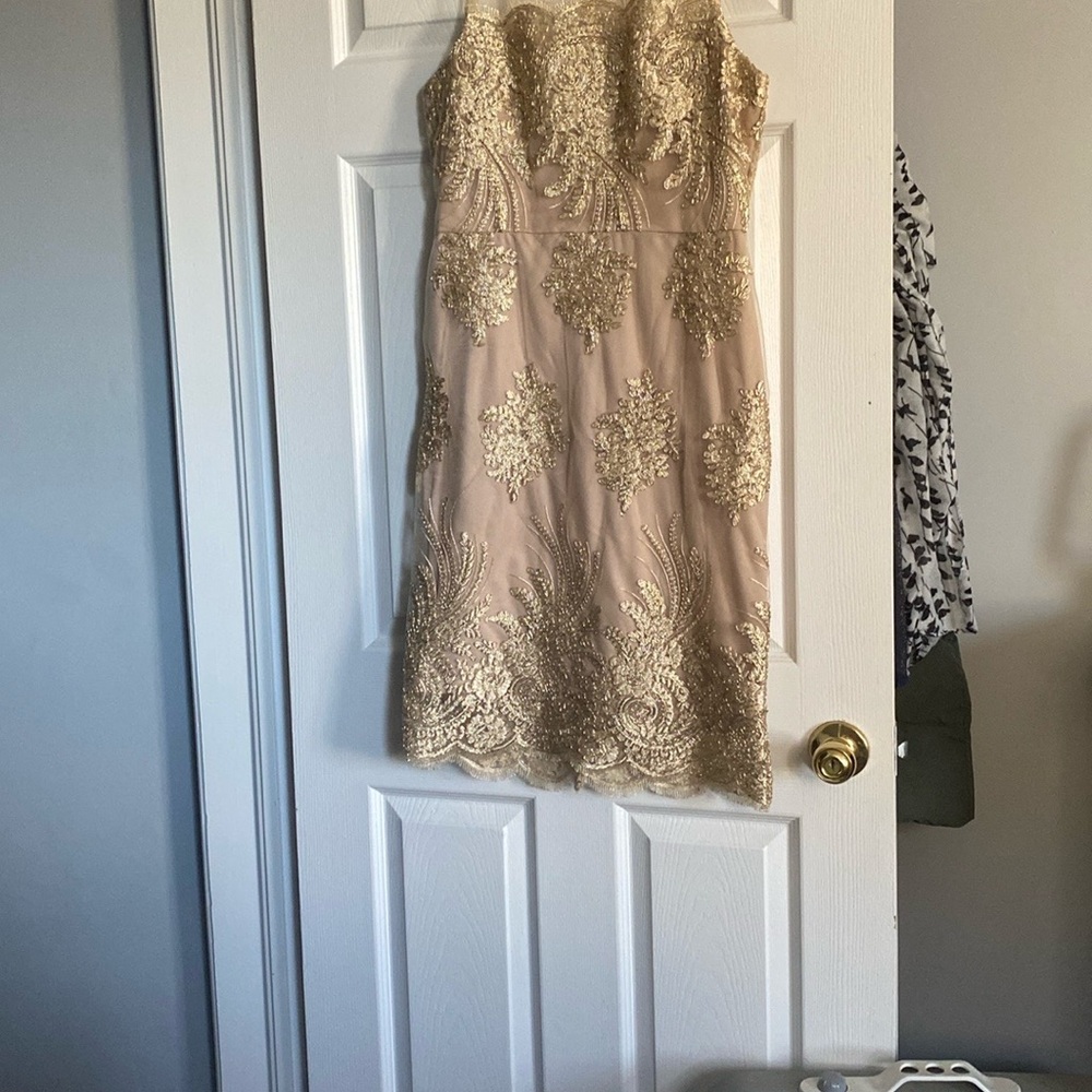 Donna Ricco Gold Cream Halter Sheath Cocktail Dress